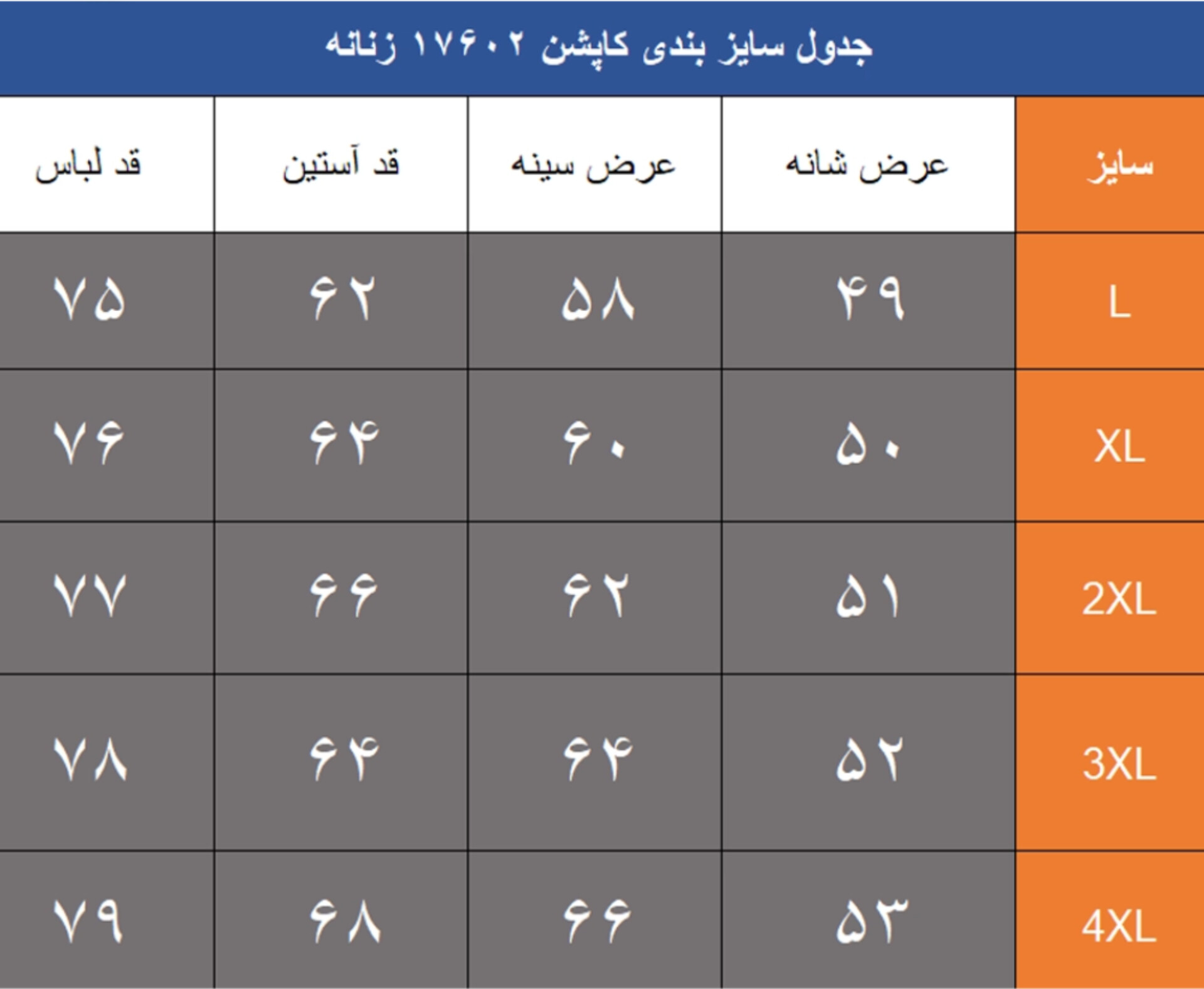 جدول سایز بندی کاپشن دوپوش adtass