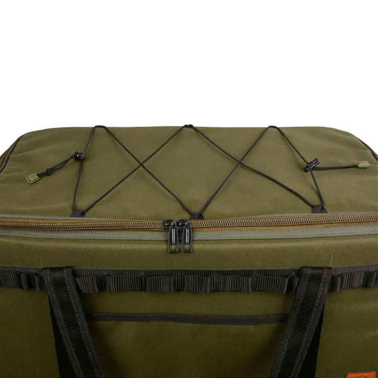 نمای بالایی کیف ۶۰ لیتری حمل بار happy camp با بندهای فیکس کننده وسایل روی درب