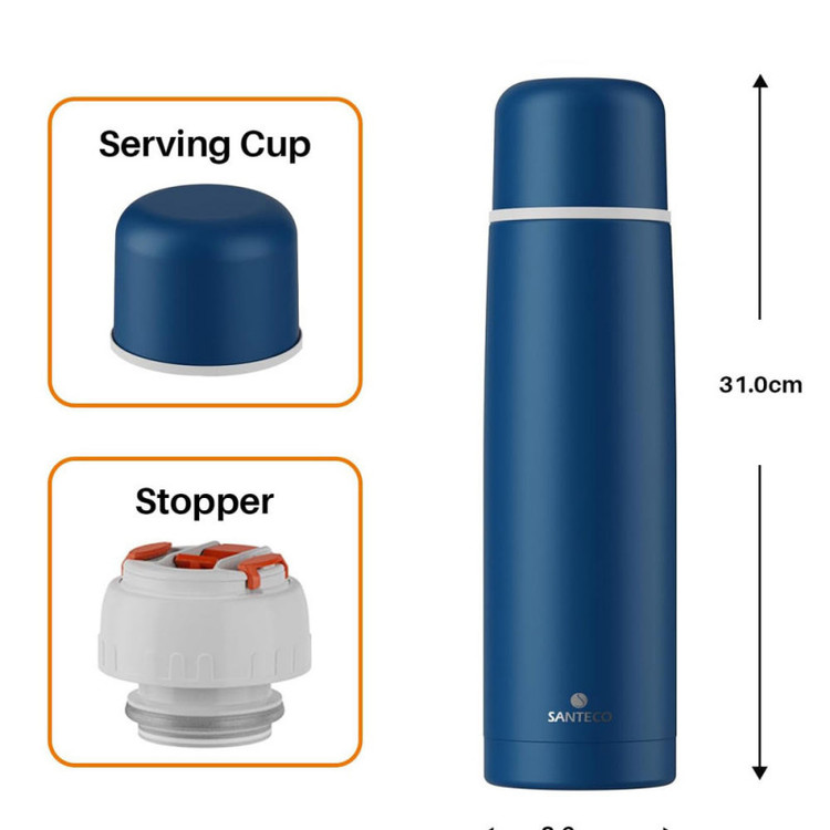 - فلاسک سبک و مقاوم SANTECO با طراحی ارگونومیک و رنگ متالیک آبی مناسب استفاده روزمره
